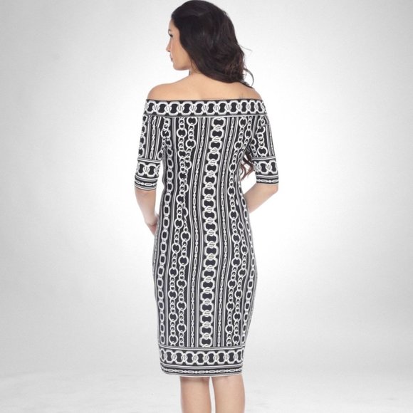NWT Size 10 Joseph Ribkoff Black/Vanilla Chain Print Off-Shoulder Dress 203637 - Picture 4 of 5